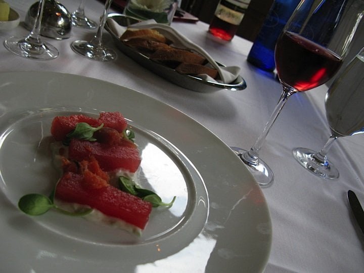Watermelon Salad Ver Jus Compressed Watermelon, Smoked Salmon, Raita, Cucamelons Ice cuvee rose “signature series”